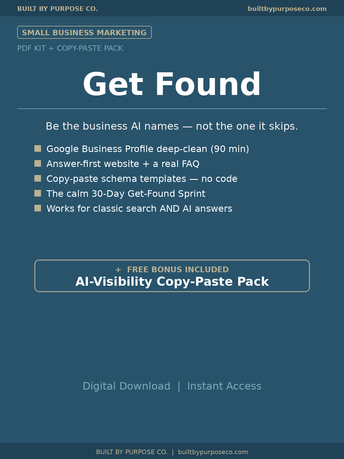 Get Found — the Small Business SEO & AI Search Kit cover: a PDF kit plus copy-paste pack